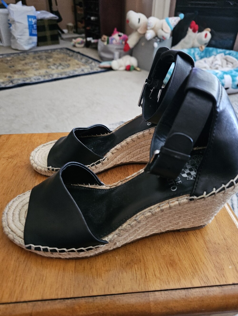 Womens Vince Camuto Black Leather Jute Wedge Heal sandal shoes, sz 7.5 M